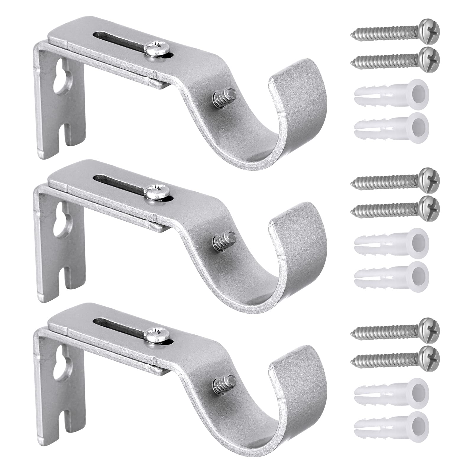 3 Pcs Curtain Pole Bracket Heavy Duty, Adjustable Length 9cm to 12cm,Adjustable Curtain Rod Brackets,Metal Heavy Duty Wall Rod Brackets with Screws,Silver