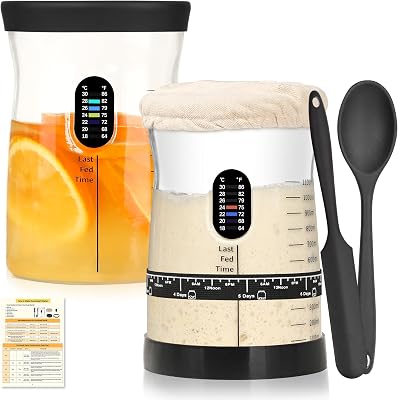Pro - Set de iniciación de masa madre de 1,5 l de cristal grande con 17 recetas, accesorio para iniciar masa madre para hornear pan y fermentación (2 unidades)