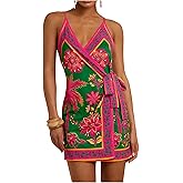 RoseSeek Women's Tropical Print Cami Dress Sleeveless Wrap V Neck Tie Knot Boho Short Dresses