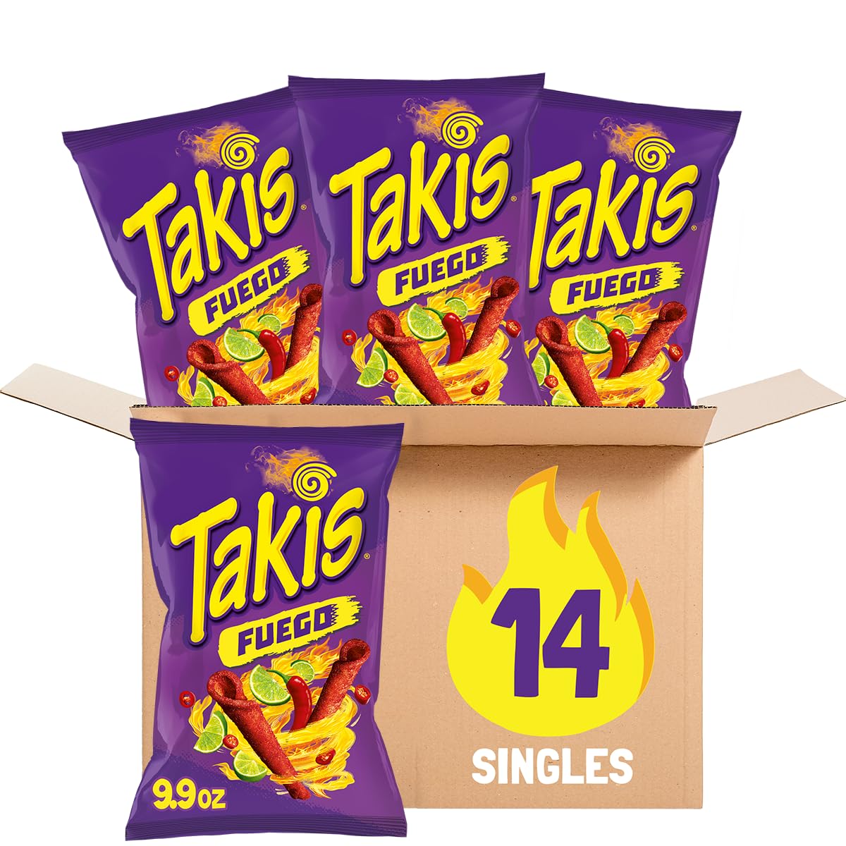 Photo 1 of *BB-DEC/01/25*Takis Fuego Rolled Spicy Tortilla Chips, Hot Chili Pepper Lime Flavored, Multipack Box 14 Bags, 9.9 Ounces Each