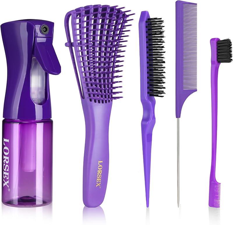 LORSEX Hair Brush 200ml Spray Bottle Detangle Brush 3 Pcs Set Purple