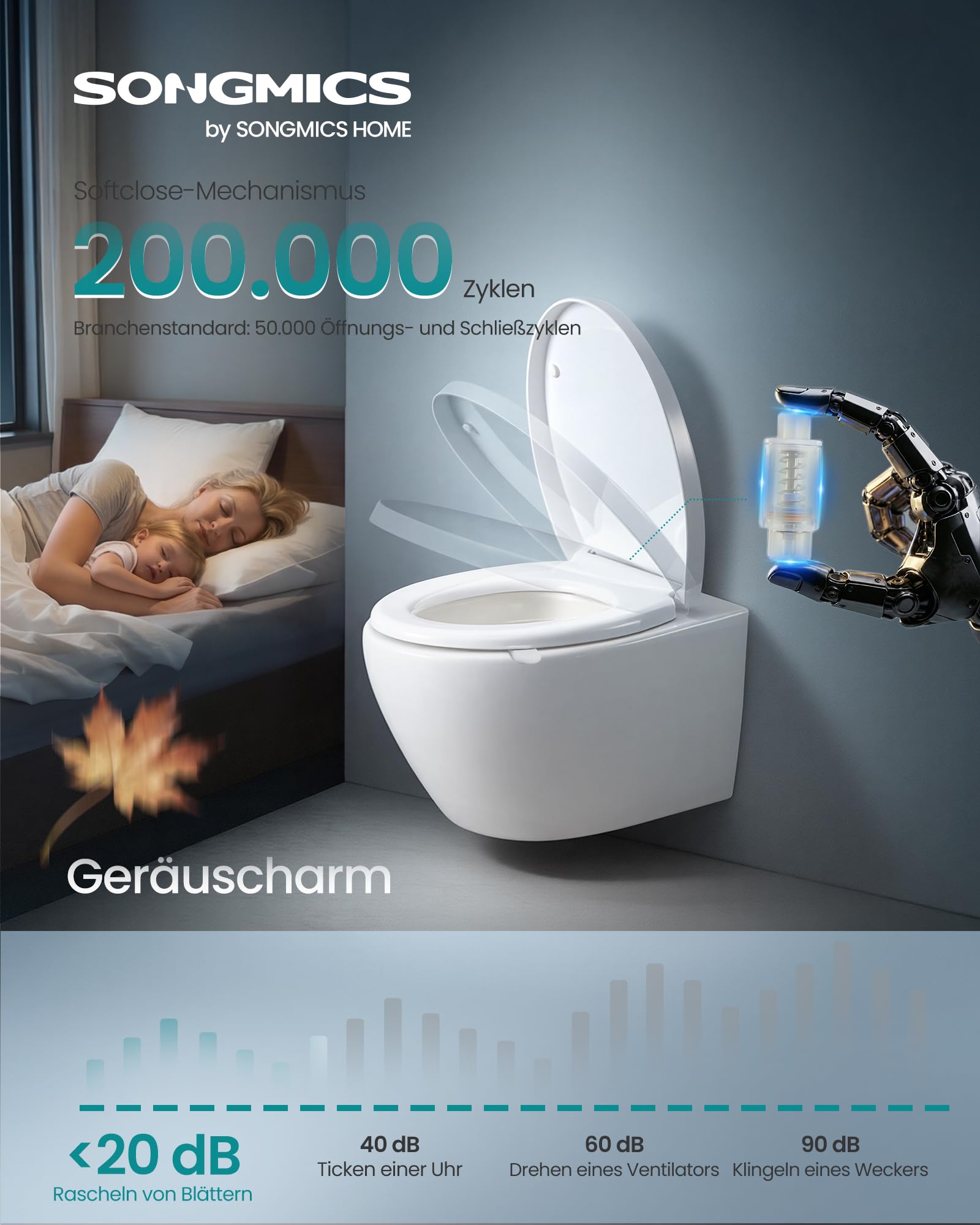 SONGMICS Toilettendeckel O-Form, WC-Sitz mit Absenkautomatik, Griff, Toilettensitz schnell abnehmbar, Klodeckel einfache Montage, WC-Deckel Urea-Duroplast, bis 300 kg belastbar, weiß BTL101WZ01 4