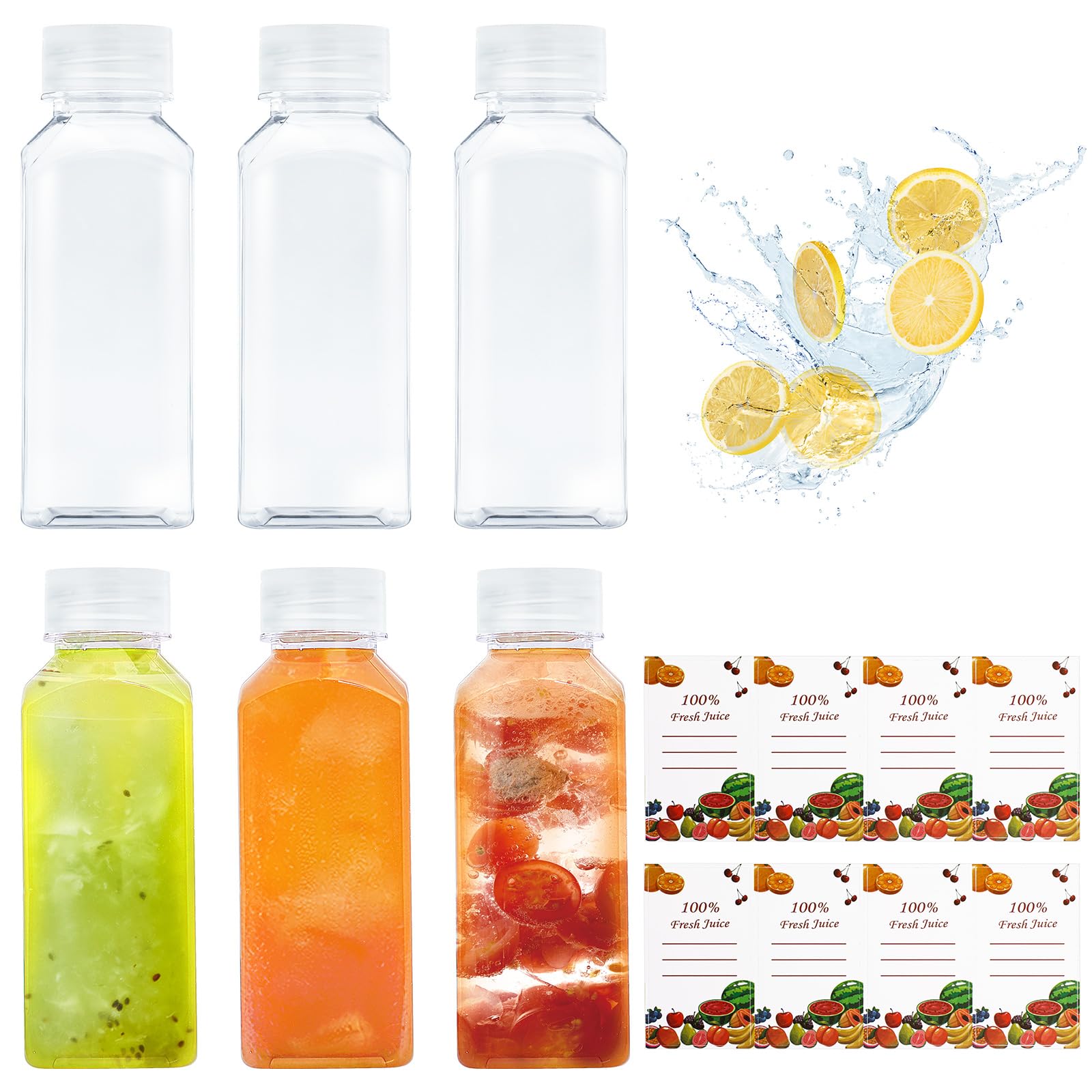 Plastic Juice Bottles With Lids - 6 Pcs Empty Square 350ml Reusable Containers, Leak-proof and Heat-Resistant for Smoothies, Beverages, Milk - Includes Labels