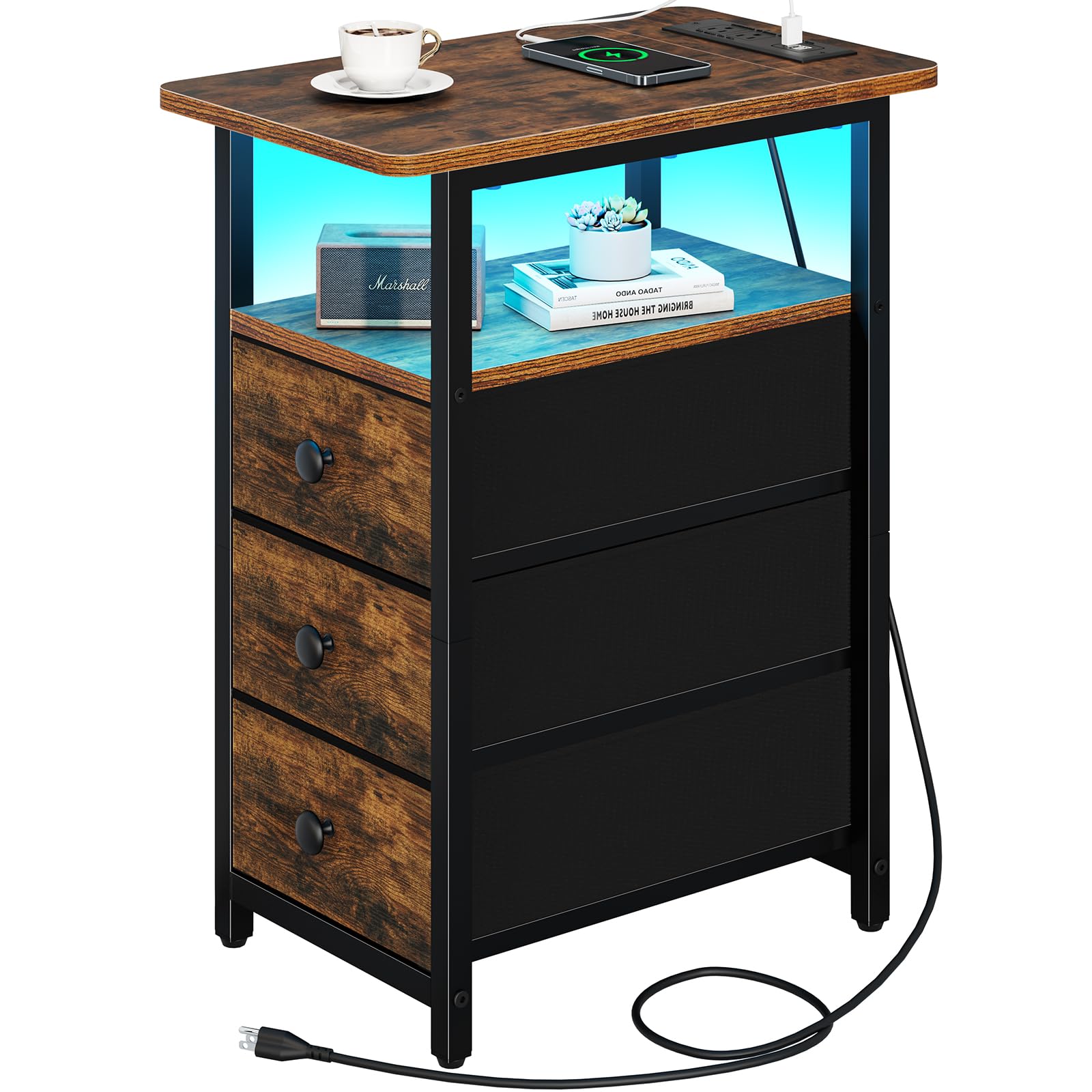 Photo 1 of Yoobure End Table with Charging Station, LED Narrow Side Table Bedside Table, Small Night Stand End Tables Living Room, Skinny Nightstand with 3 Fabric Drawers, Side Tables Bedroom for Small Spaces