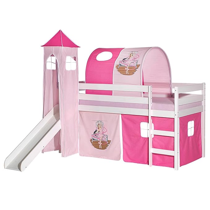 IDIMEX Rutschbett Benny Hochbett Kinderbett Spielbett Holzbett mit Rutsche, Vorhang, Tunnel und Turm Ballerina Motiv rosa pin