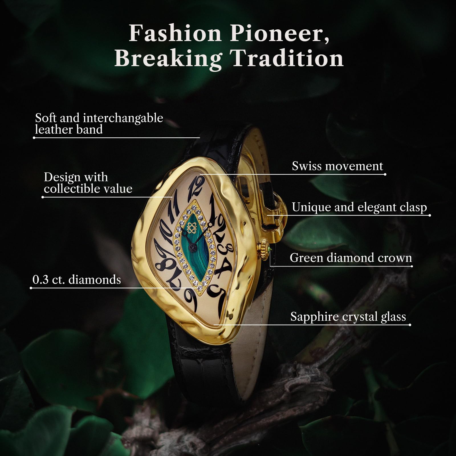 PASCAL Paradoxe Diamond Watch for Men Women, Swiss Quartz Luxury Dress Watch with Leather Strap, Gold Stainless Steel Case, Lab-Grown Diamonds & Sapphire Crystal, 3ATM Water Resistant