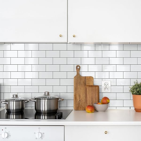 STYLOVUE 100 PIECES PEEL AND STICK BACKSPLASH FOR KITCHEN, 3″ X 6″ PVC SUBWAY TILE 2026 UPGRADED GLOSSY WHITE WITH DARK GRAY GROUT BACKSPLASH STICK ON TILE ELEVATE KITCHEN, BATHROOM, FIREPLACE,RV
