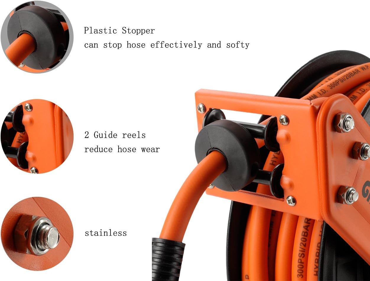 Giraffe Retractable Air-Hose-Reel with 3/8 in. x 50 Ft Hybrid Air Hose, Auto Rewind Pneumatic Hose Reel, 300PSI Heavy Duty Steel-Reel - - 