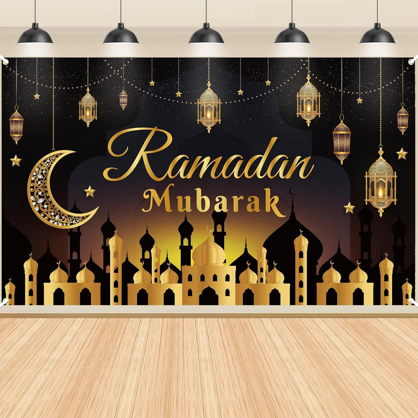 DUGEHO Ramadan Decorations,Ramadan Mubarak Backdrop Banner,Black and Gold Muslim Ramadan,Eid Mubarak Decoration Supplies Photo Booth for Wall Home Indoor Outdoor(72.8 * 43.3Inchs)