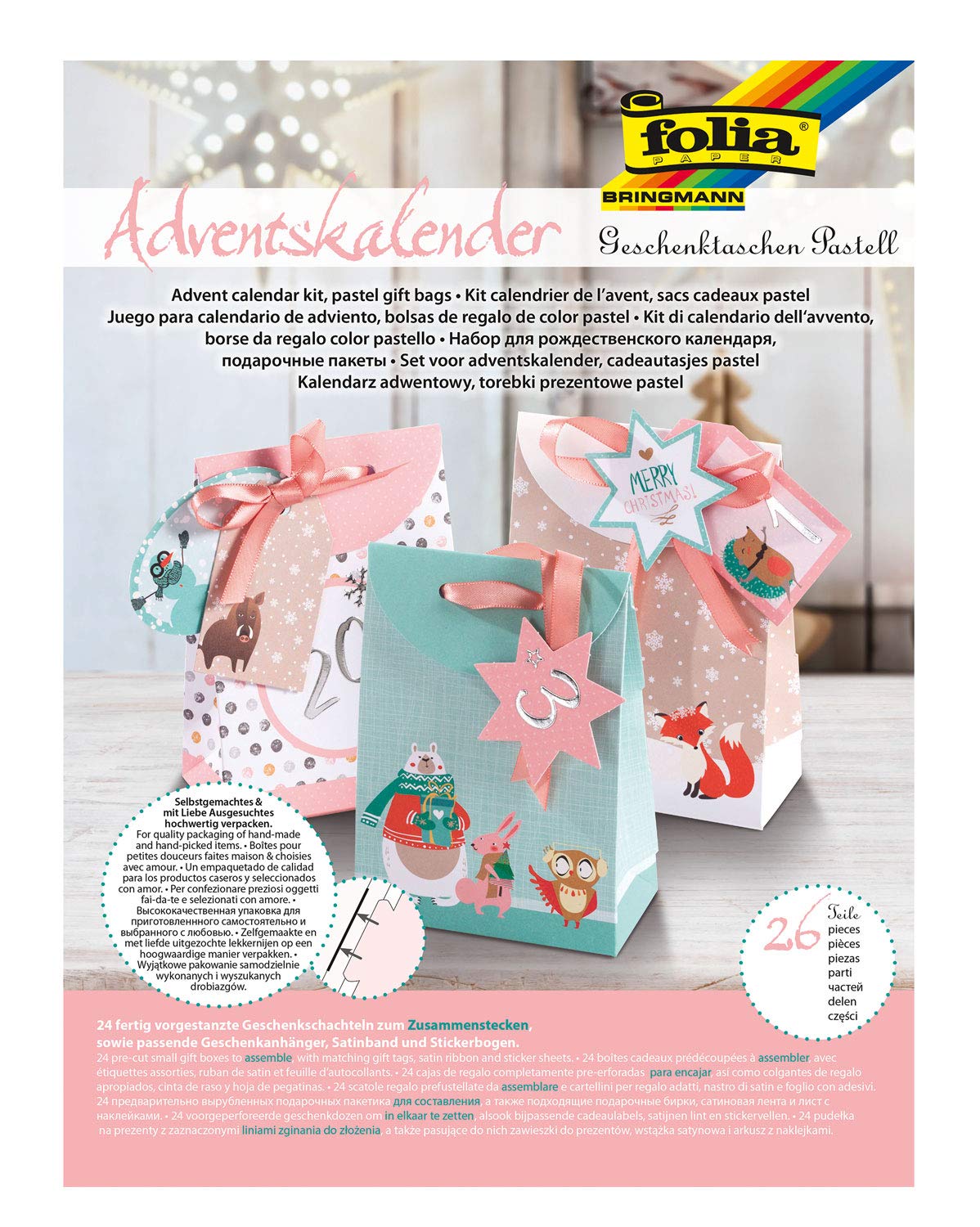 folia 9381 Advent Calendar Craft Set Gift Bags Pastel with 24 Pre-Cut Gift Bags in Various Designs, Gift Tags, Satin Ribbon and Sticker Sheet