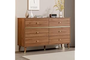 Chrangmay 6 Drawer Dresser,47" Wide Mid Century Chest of Drawers,Wooden Bedroom Drawer Dresser with 6 Storage Drawers for Bedroom,Living Room,with Anti-Tipping Device,Walnut.HT