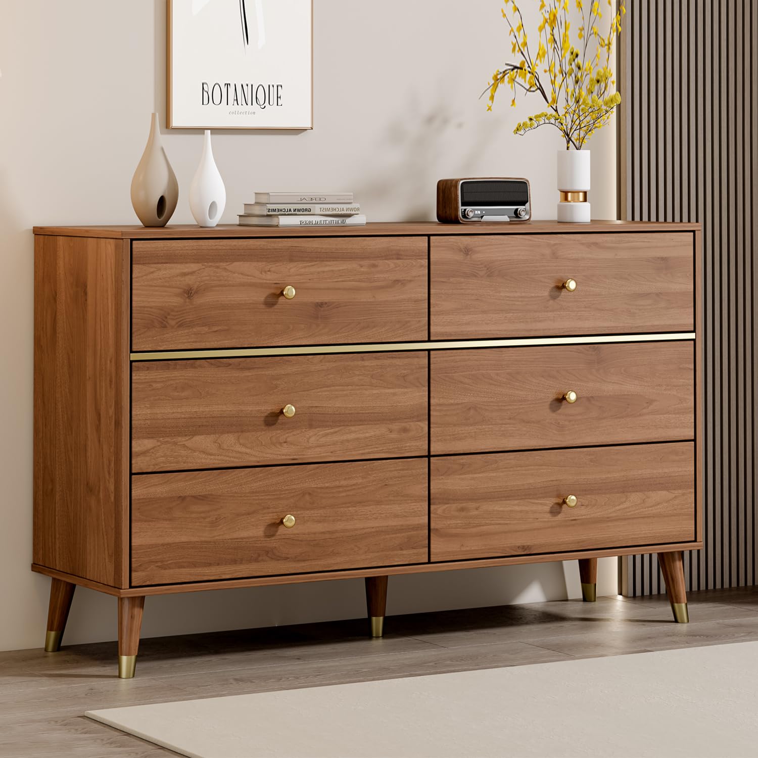 Photo 1 of (FOR PARTS)(MISSING SCREWS & LEGS) Chrangmay 6 Drawer Dresser,47" Wide Mid Century Chest of Drawers,Wooden Bedroom Drawer Dresser with 6 Storage Drawers for Bedroom,Living Room,with Anti-Tipping Device,Walnut.HT16