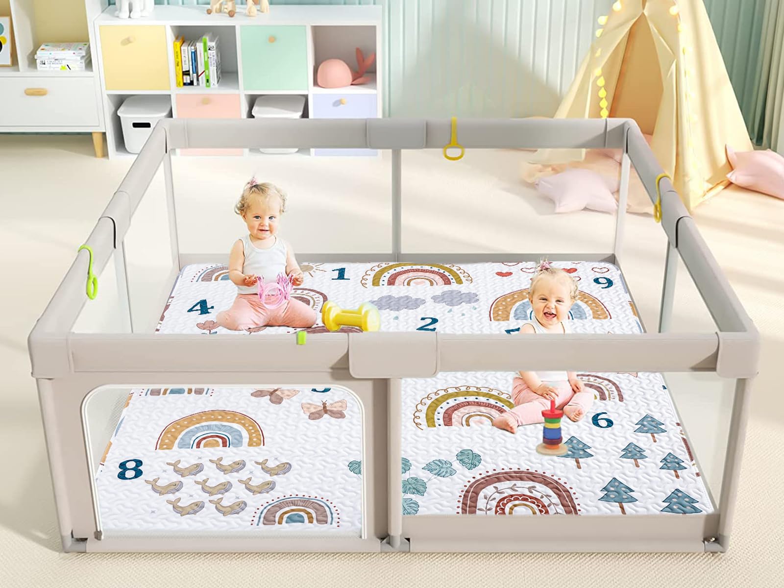 Boho Rainbow 50x50 Play Mat for Playpen, Washable Portable Baby Floor Playmat, Non Slip Foldabe Infant Crawling Mats, Tummy Time Mat Pad for Toddlers Baby Play Pen Mats for Home Or Travel