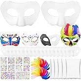 Leyndo 24 Pack Paper Mache Mask White Craft Masquerade Mask with Gem Sticker and Feather DIY Blank Mardi Gras Cosplay