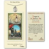 Pewter St. Saint Joan of Arc Medal Pendant Necklace on an 18in Stainless Silver Lite Curb Chain with a Prayer to St Joan of Arc Prayer Card
