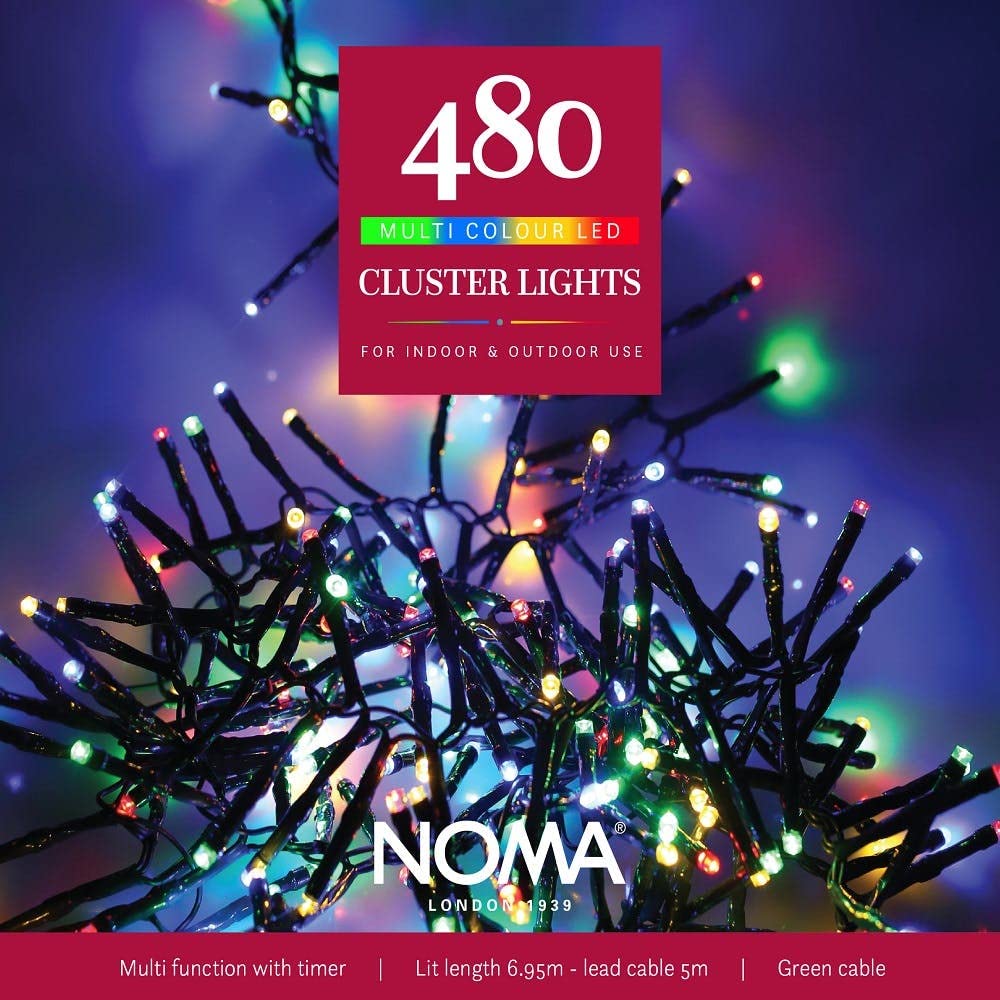 Noma 480 LED Cluster Christmas Tree Lights : Green Cable : Multifunction : Plug-in with Timer : Multicoloured : 4921731