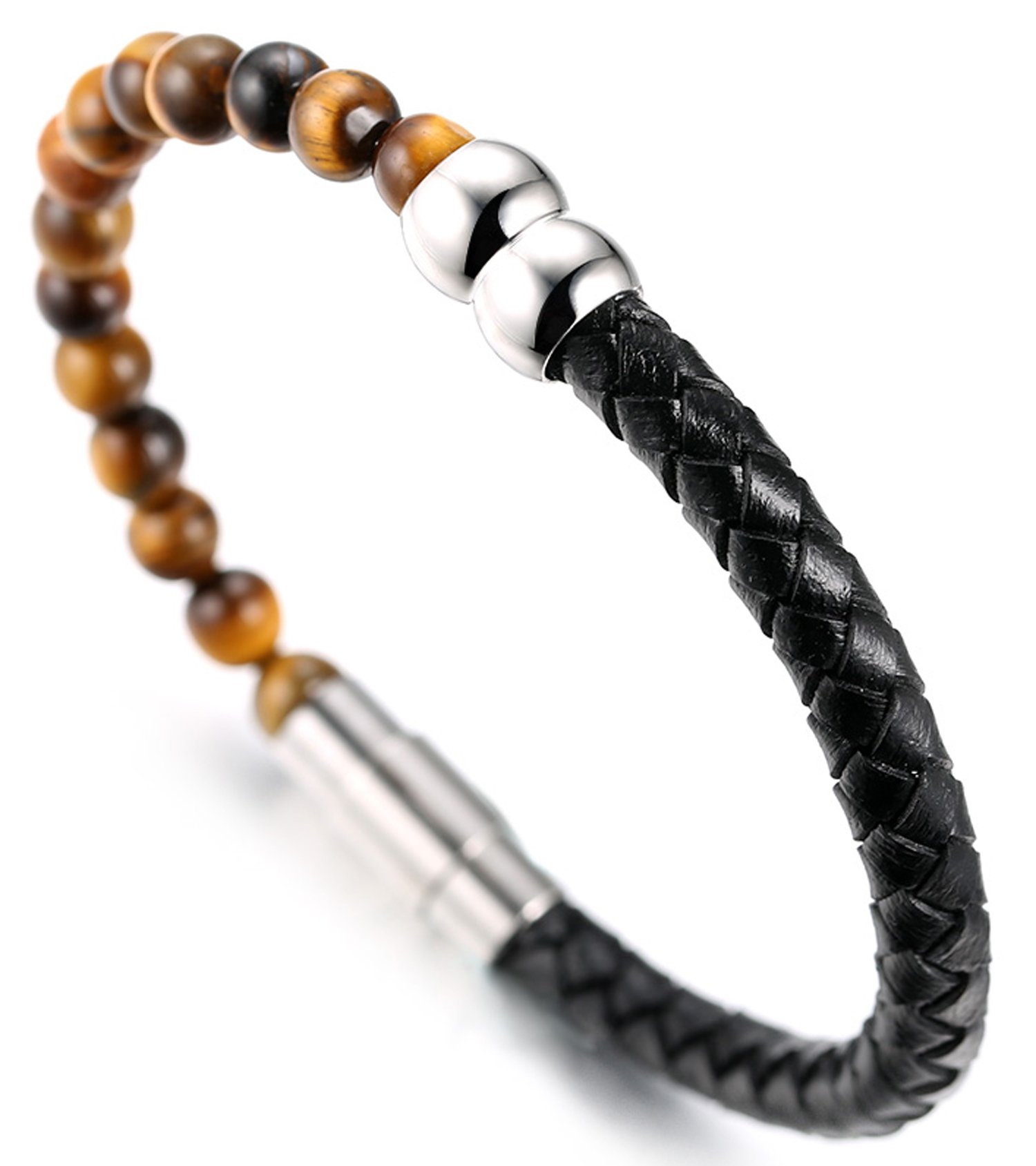 HALUKAKAH ● Salute The Land ● Men's Genuine Leather Bracelet with Natural Tiger Eye Stone Beads,Smart Magentic Clasp, 8.46"(21.5cm) with Free Giftbox