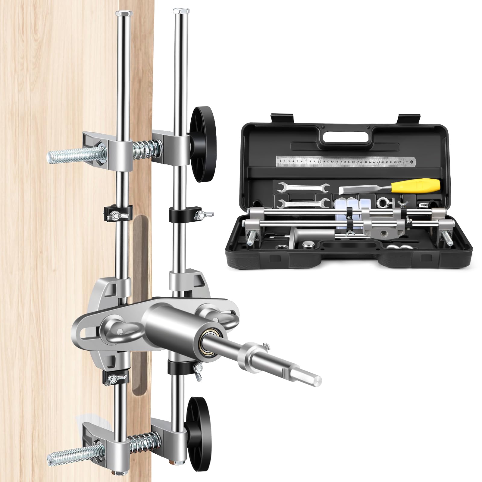 Door Lock Mortiser Kit, Lock Fitting Jig Maintenance Set, Door Lock Hole Opener Jig with 18mm 22mm 25mm Tungsten Steel Cutters, Woodworking Hole Saw Opener Tool for Wooden Door Lock Installation