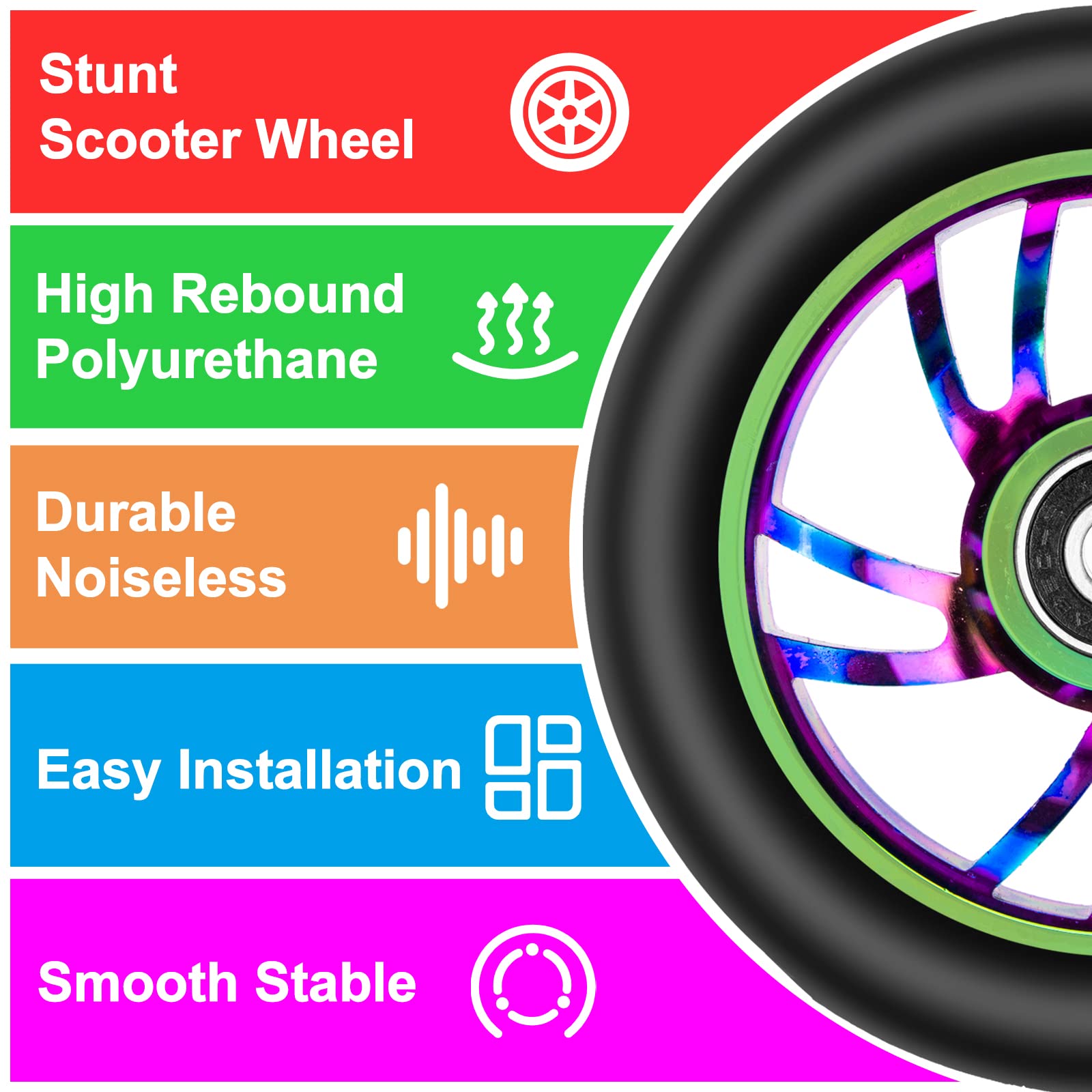 2 Pack 100mm Scooter Wheels,88A Replacement Scooter Wheel with ABEC-9 608RS Bearings Installed for Pro Scooters Kick Scooters, Multi-Color