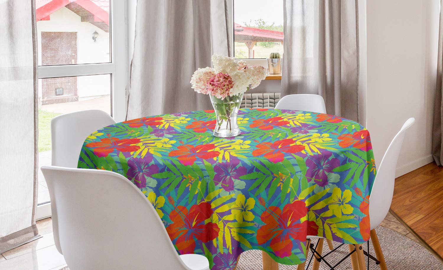 ABAKUHAUS Aloha Round Tablecloth, Double Exposure Vivid Colored Foliage Pattern Polynesian Hawaiian Rainforest Leaves, Circle Table Cloth Cover for Dining Room Kitchen Decoration, 60", Multicolor