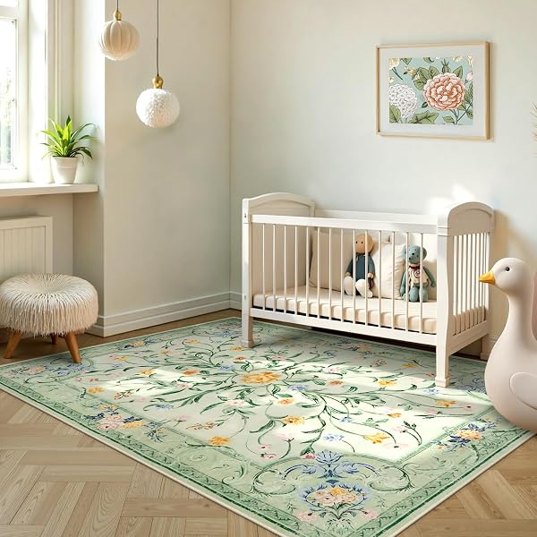 MOREBES 5X7 SAGE GREEN AREA RUGS, WASHABLE FLORAL NURSERY RUG NON SLIP, SOFT LOW PILE INDOOR FLOOR CARPET FOR LIVING ROOM DINING PLAYROOM HOME (SAGE GREEN 5’X7′)