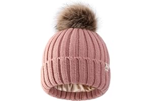 Hat Hut Toddler Beanie Satin Lined Beanie for Baby Winter Hats for Kids Pom Pom Beanie for Boys Girls