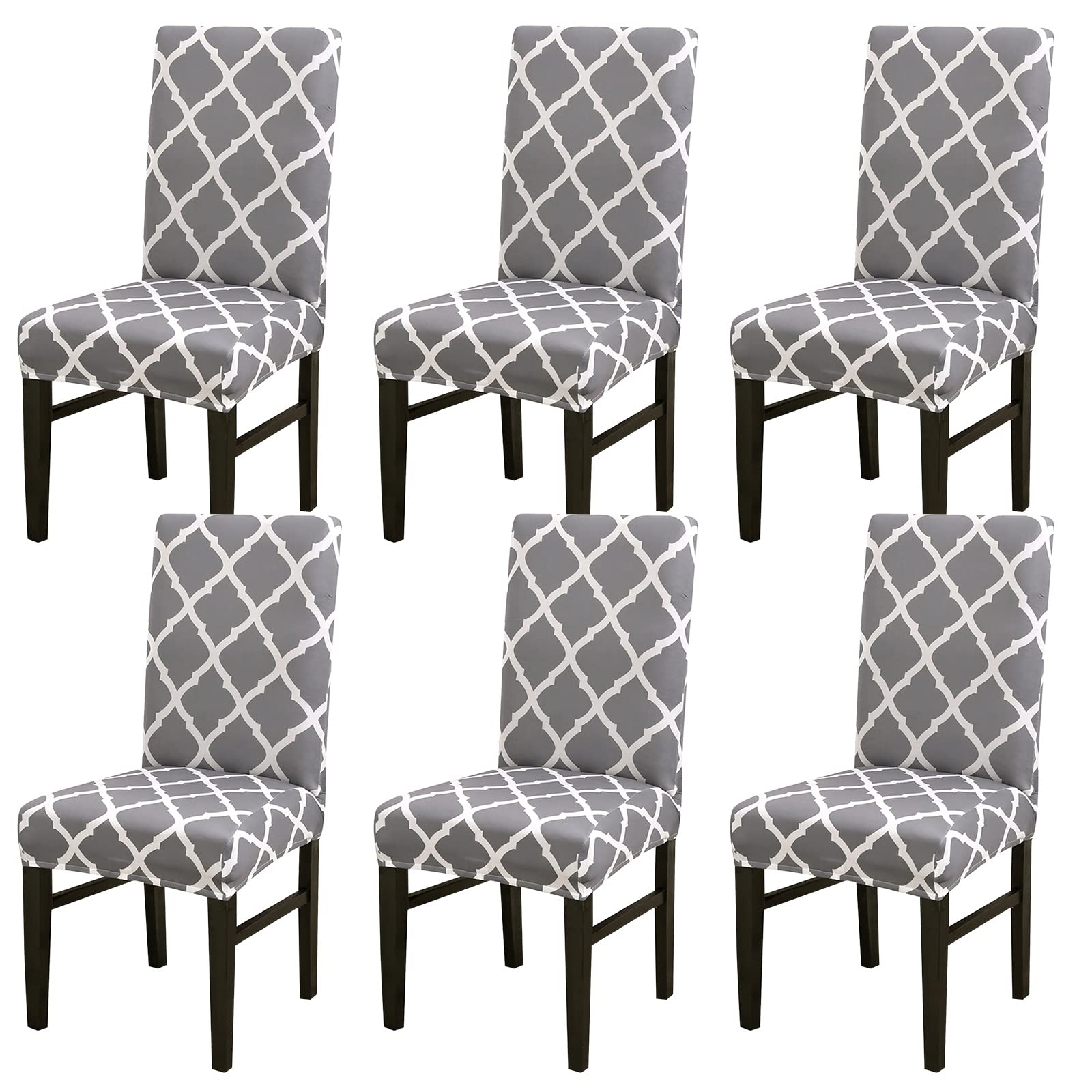 LiveGo Dining Chair Covers Set of 6,Stretch Dining Chair Protective Printed Slipcovers,Elastic Removable Washable Chair Protector Seat Covers for Dining Room Banquet Party Home Decor(Grey+white, 6PCS)