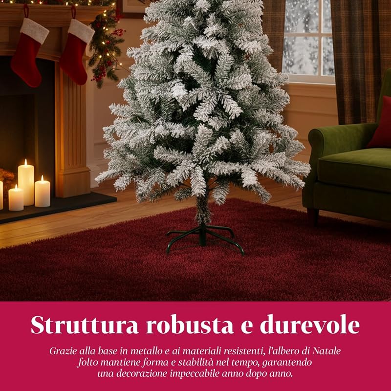 Albero di Natale Artificiale Innevato di 210 cm con 1078 Rami Folto. Perfetto per Interni, Pronto per Essere Decorato con Luci e Ornamenti Natalizi con Base in Metallo e Innesto Facile Ø 110 cm