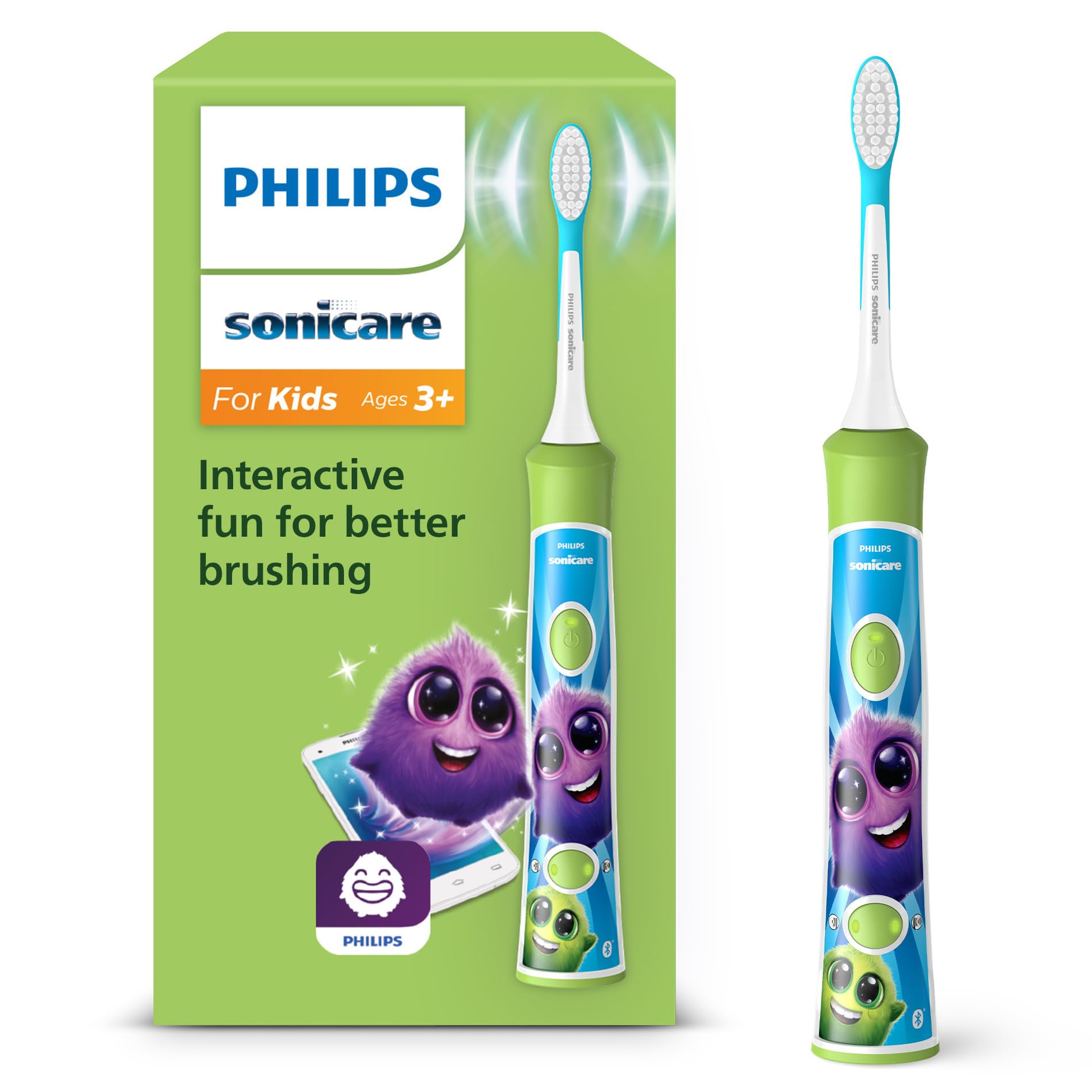 Philips Sonicare For Kids, brosse à dents électrique sonique avec appli, pour enfants de 3 ans et plus, avec KidTimer et KidPacer pour un brossage minutieux, vert, modèle HX6352/11