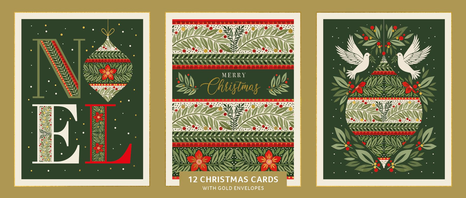 Marie Curie Charity Christmas Cards Greensleeves Triple Pack of 12 3 Designs 12.2 x 9.5 cm FSC Board With Envelopes Noel Dove Merry Christmas
