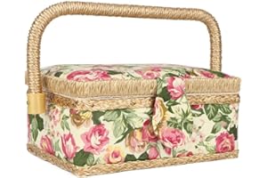 OUMEFAR Household Fabric Craft Handmade Sewing Basket Thread Needle Storage Box Organizer Sewing Kit Storage Box with Removable Tray(Garden rose)