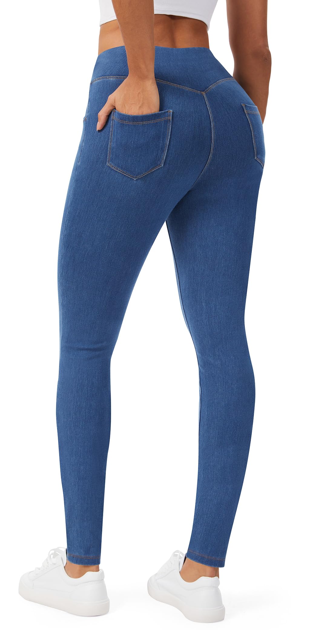 AVAMO Jeggings for Women with Pockets Stretchy Skinny Jeans Denim Leggings Pull on High Waist Tummy Control Trendy Jean Medium Wash