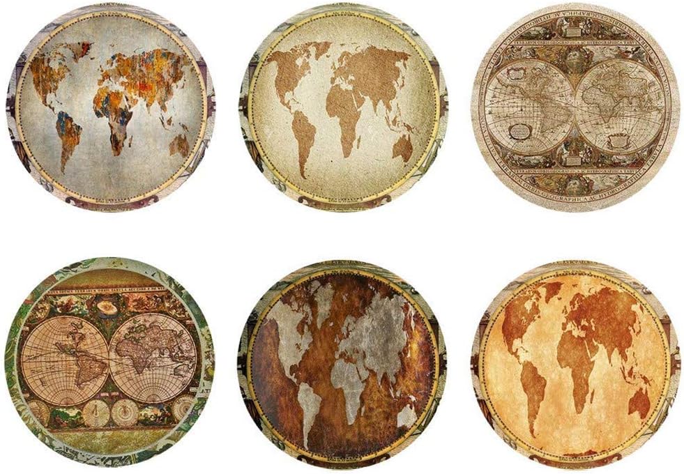 doginthehole Coasters for Drinks Cups Mat Maps Printed Placemats Set 6 Piece for Office Home Dorm Heat Resistant Water Absorbent Glass Mugs Pad