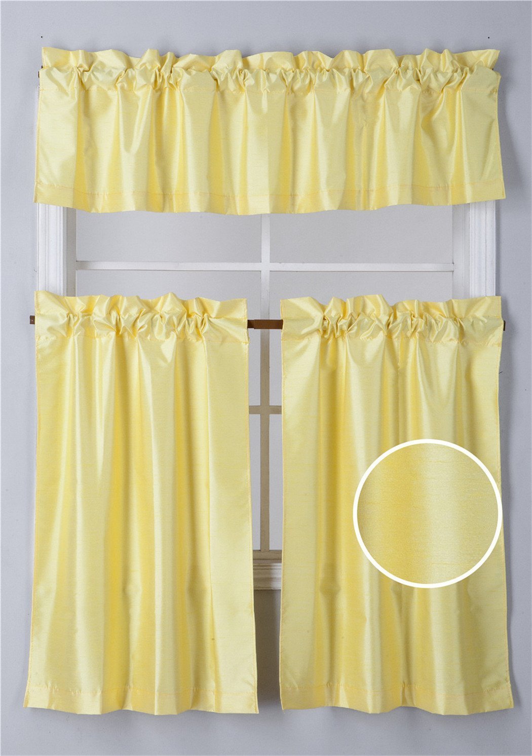 Elegant Home Collection 3 Piece Solid Color Faux Silk Blackout Kitchen Window Curtain Set with Tiers and Valance Solid Color Lined Thermal Blackout Drape Window Treatment #K3 (Yellow)