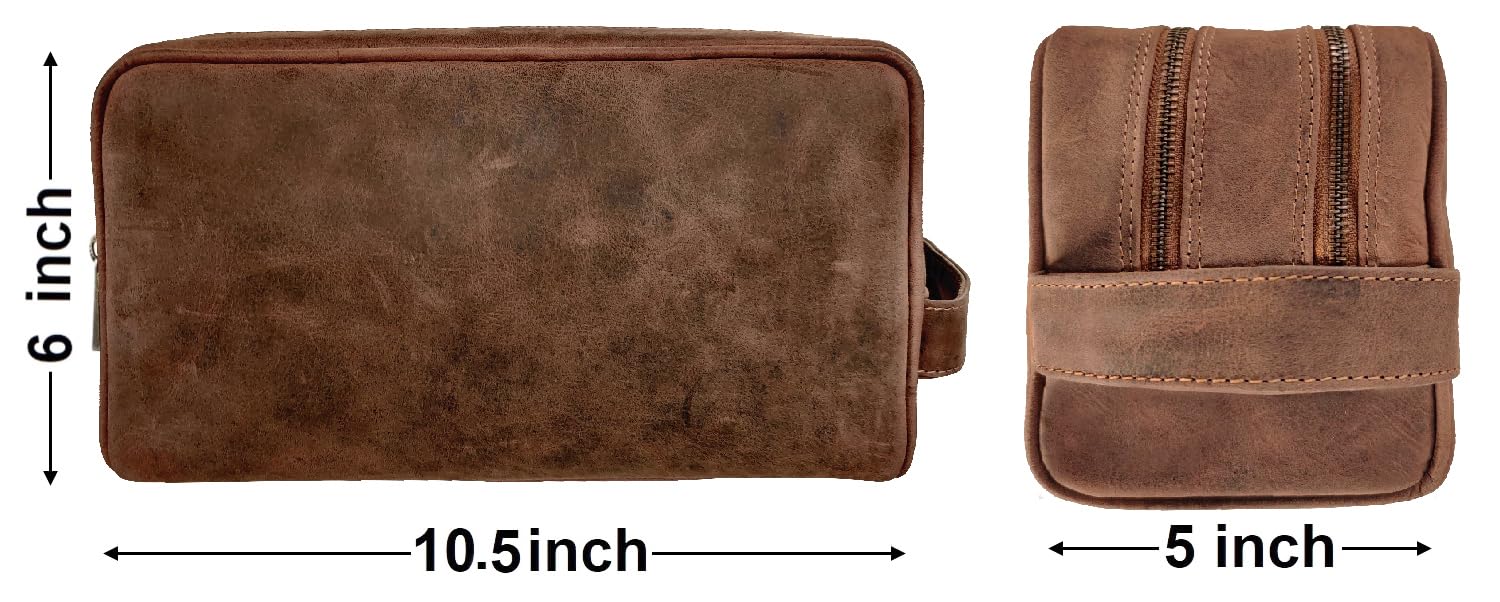 RUSTIC TOWN Full Grain Leather Travel Toiletry Bag - Cosmetic Makeup Kit Organizer (Brown)