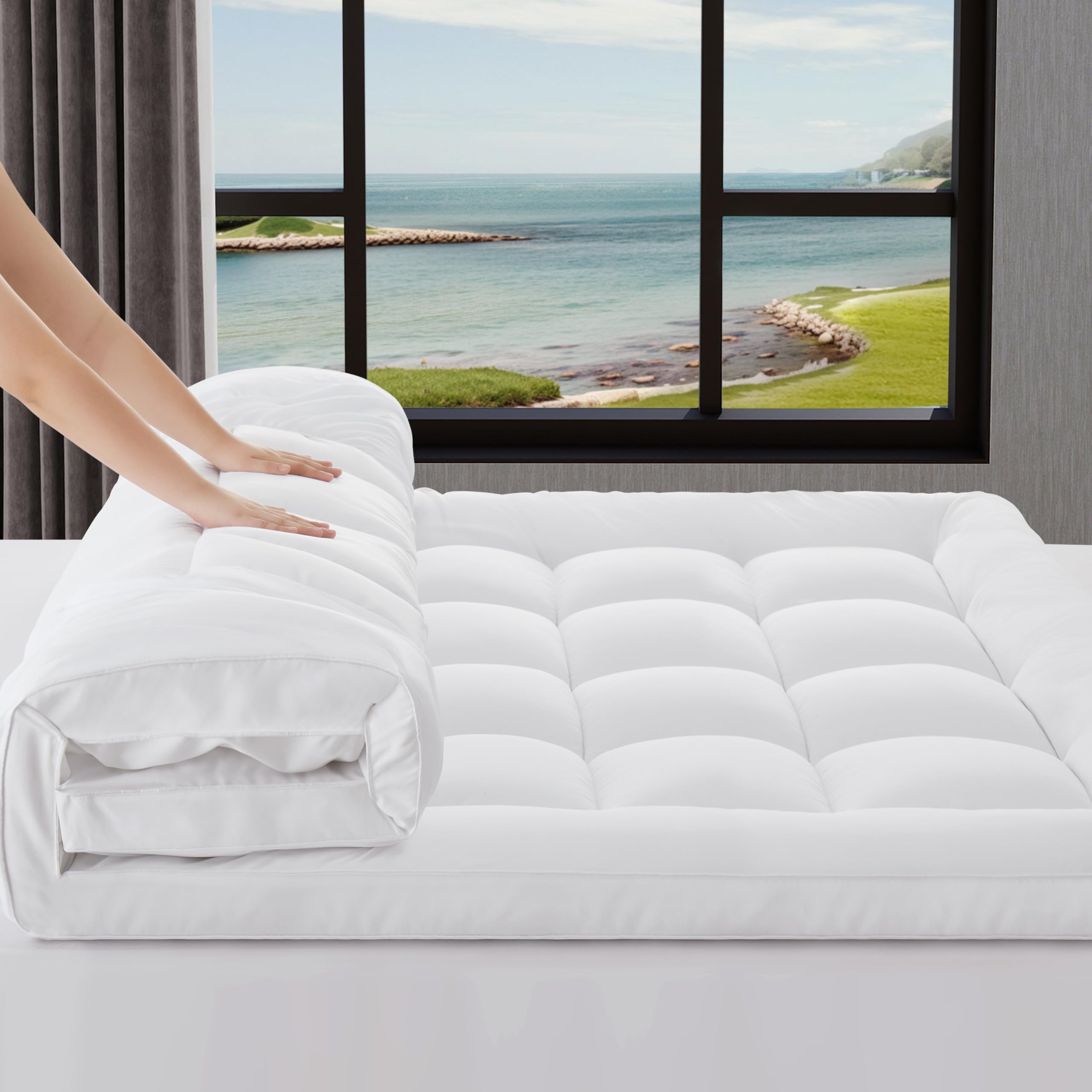 Photo 1 of 3 Inch Mattress Topper Queen Size Breathable Filled Soft Fluffy Supportive for Back Pain Relief, Bed Mattress Pad Pillow Topper with Extra Thick Padded Protector for 8"-21" Deep Pocket