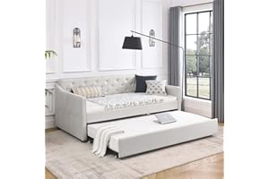 Antetek Daybed with Trundle, Fabric Upholstered Twin Size Day Bed Pull-Point Sofa Daybed Frame w/Twin Roll-Out Trundle, No Box Spring Needed, Furniture for Bedroom, Living Room, Guest Room, Beige