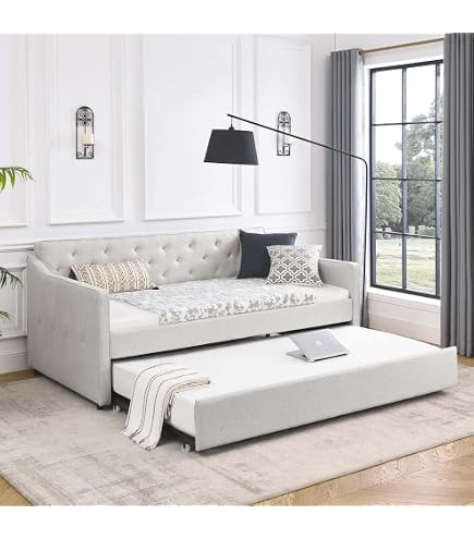 DNYN Upholstered Twin Daybed With Trundle - Gray Linen Fabric, Wood Slat Support, Space-Saving Sofa Bed