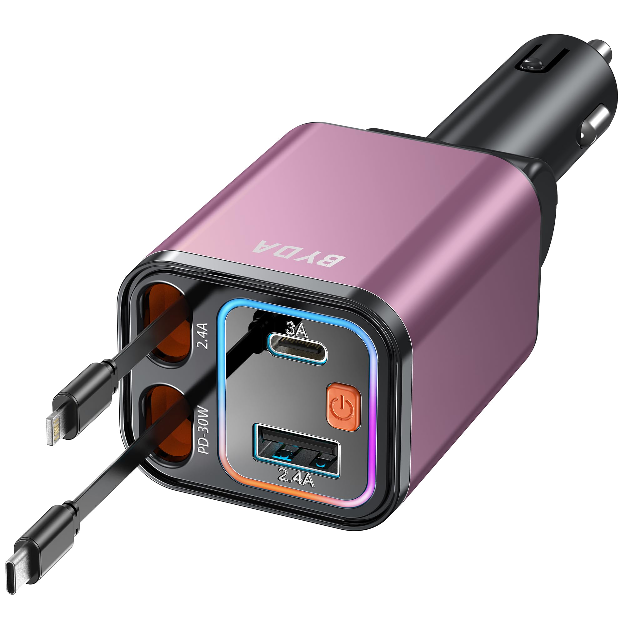 Photo 1 of 4 in 1 Retractable Car Charger,69W USB-C Fast Car Charger, for iPhone16/15/14/13/12,Cigarette Lighter Charger (Grey, for Apple+Type C &RGB Breathing Light [Pink])