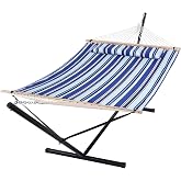 SUNCREAT Two Person Hammock with Stand Heavy Duty, Blue Stripes | Free Standing Hammocks Outdoors for 2 Person, Max 475lbs Capacity