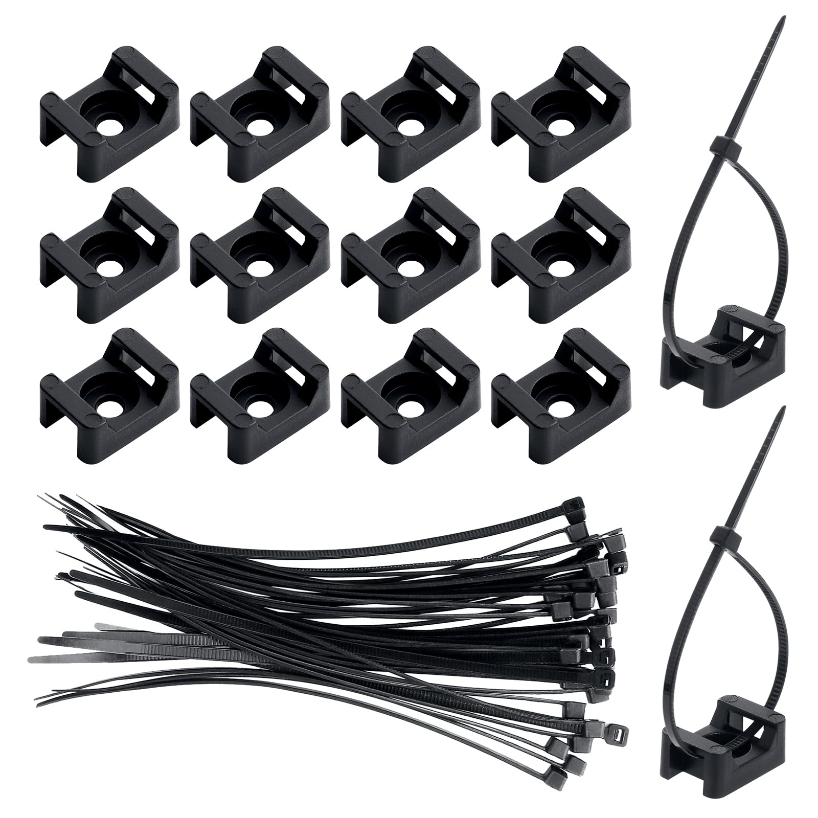 Fippy 150 Cable Tie Mounts Set, Includes 150PCS Cable Tie Base Holder and 150PCS Black Nylon Cable Ties, Perfect for Cable Management