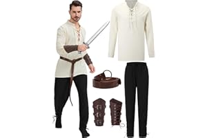 HLCOF 5 Pcs Men's Renaissance Costume Viking Costume Medieval Pirate Vintage Shirt Ankle Banded Pants Accessories Set