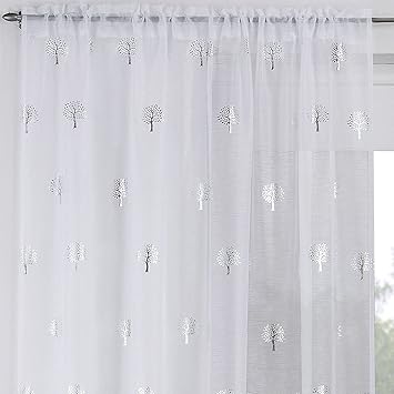 Maple Textiles Stunning Metallic Silver Print Tree Design Sheer