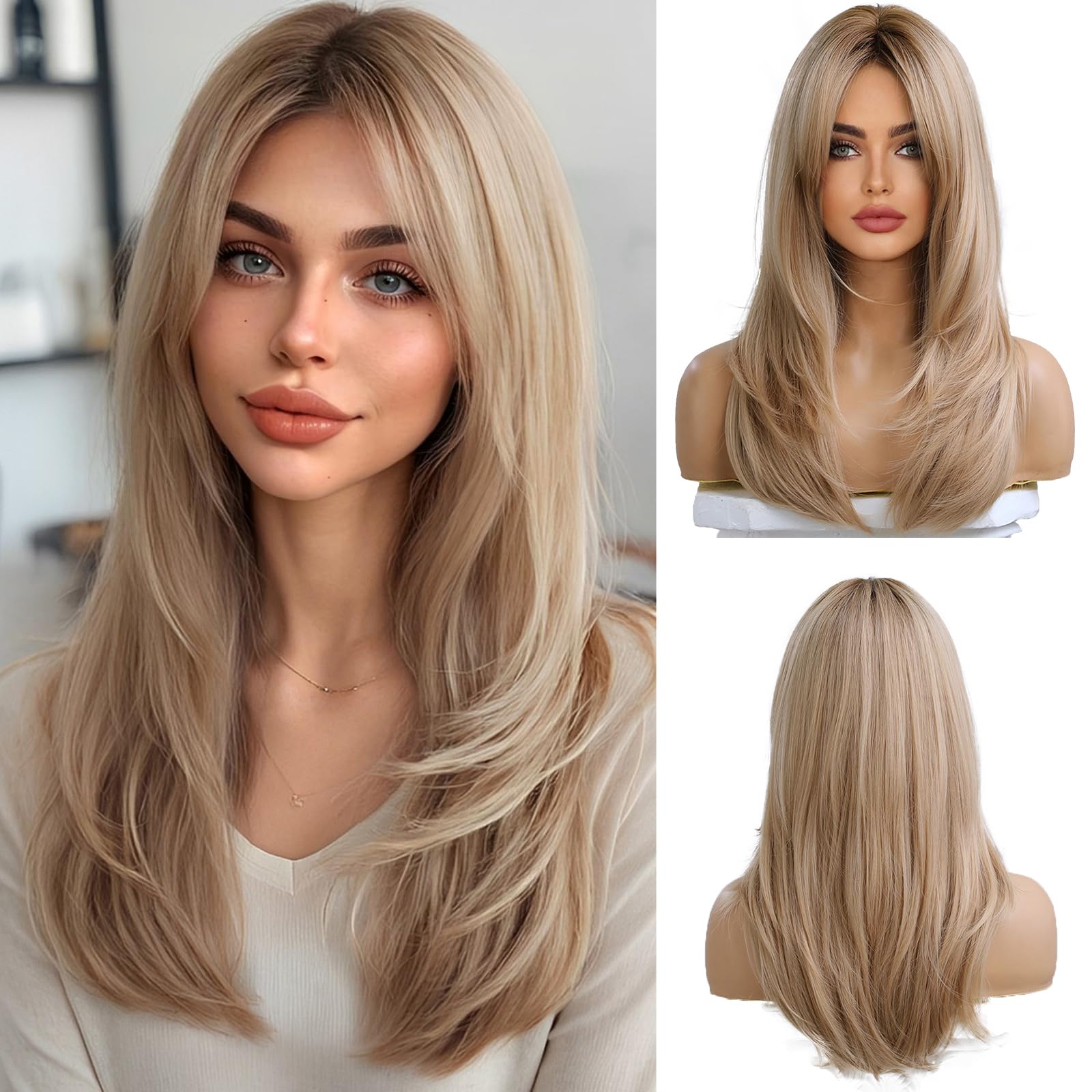 OUFEI Long Straight Blonde Wigs for Women Layered Synthetic Hair Ombre Wig with Dark Roots for Daily Party Cosplay Wear — image 1