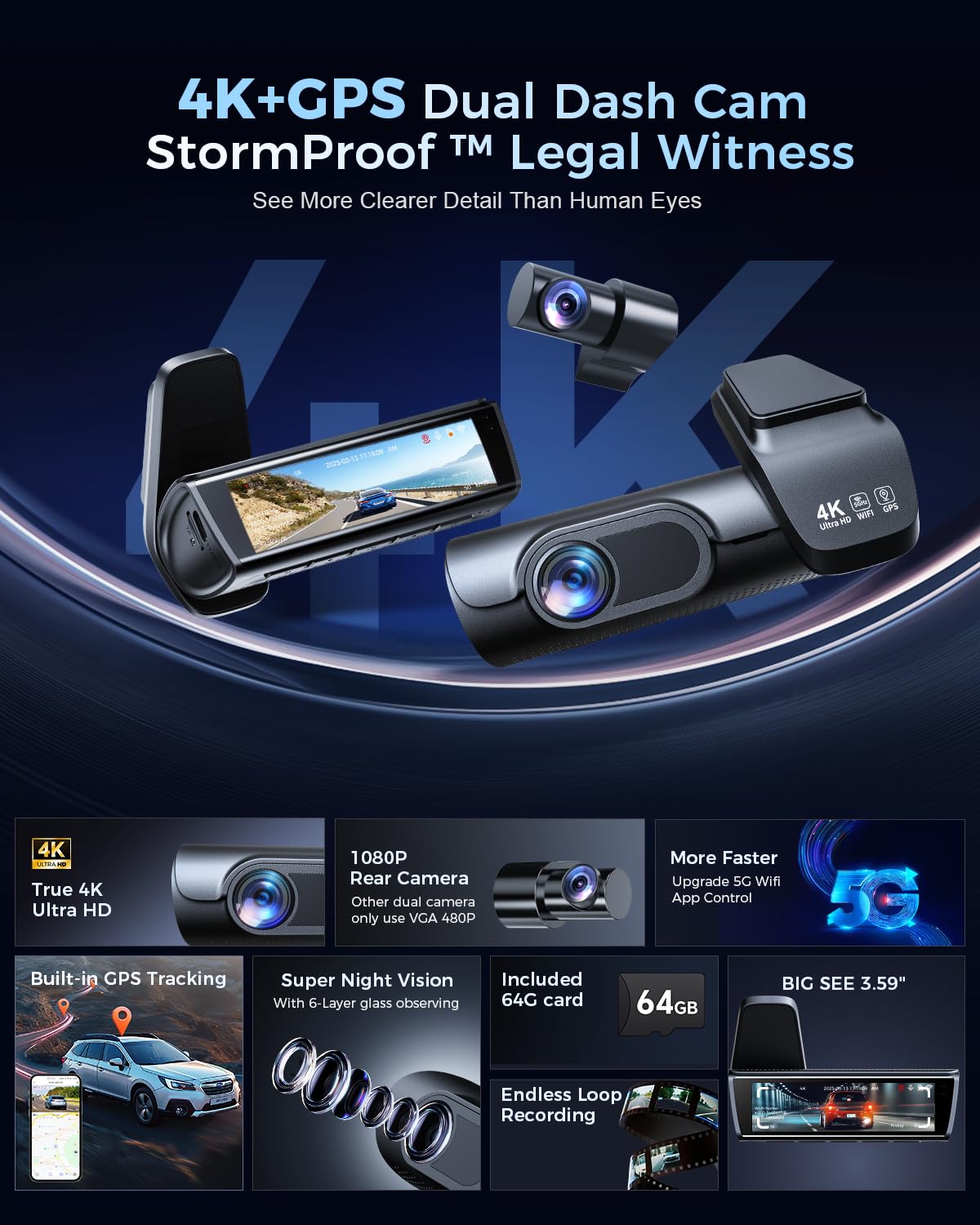 K600 4k Dash Cam Front and Rear, 3.59