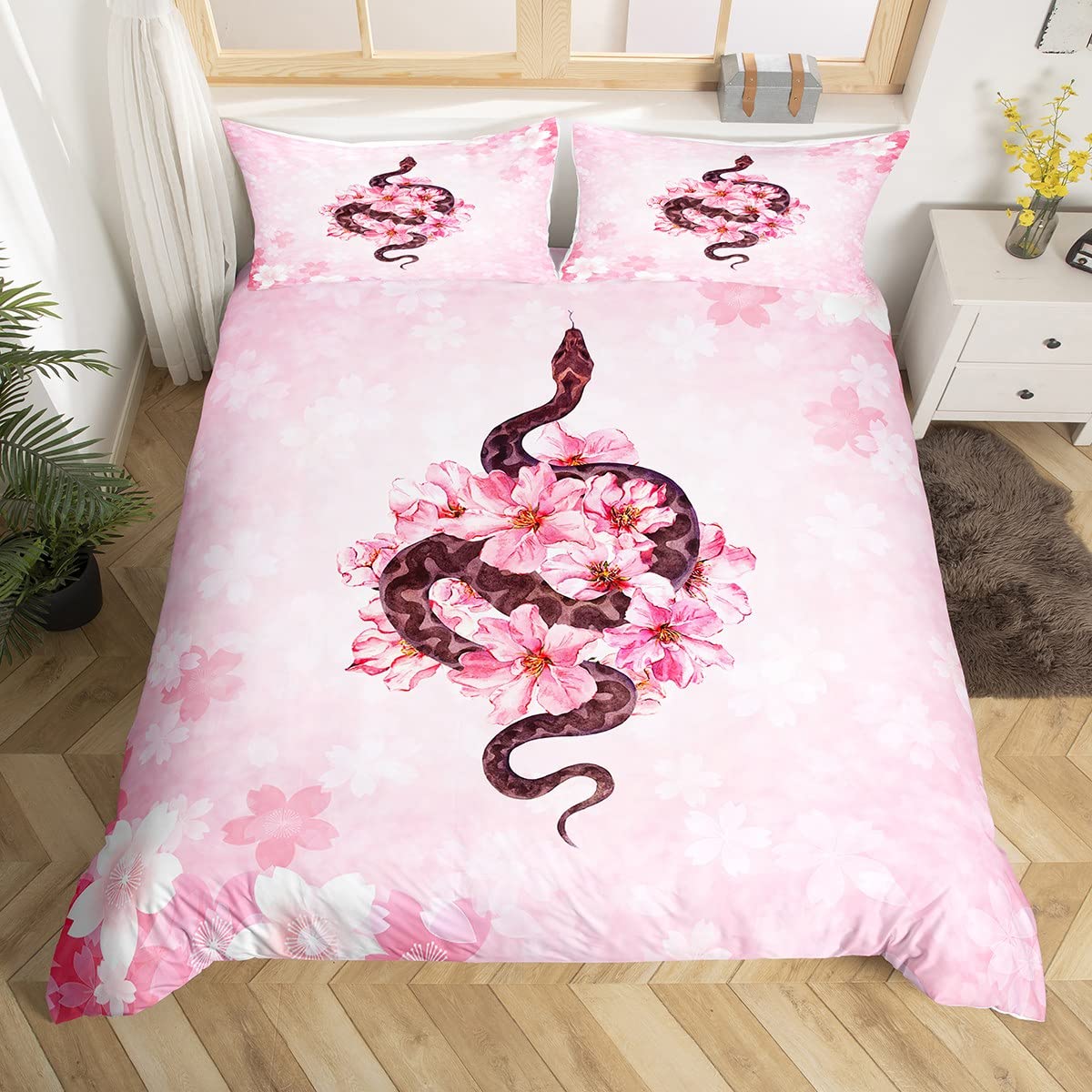 Manfei Snake Duvet Cover Set Double Size, Wild Reptile Animal Comforter Cover with 2 Pillowcases, Pink Flower Petal Bedding Set 3pcs for Kids Girls Teens Bedroom Decor, Peach Blossom Bedspread Cover — image 1
