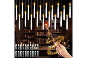 FLYQINTESS 20 Pcs Floating Candles with Magic Wand Remote, Battery (included) Operated Hanging LED Candles Lasting for 200 H, Flameless Flickering Warm Light Taper Candle Set for Xmas Festival Theme Party Decor