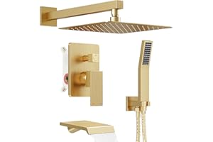 HomGoo Shower System with Tub Spout, All Metal Tub Shower Faucet Set with 10-Inch Rain Shower Head and Handheld Spray combo, Wall Mounted Shower Combo Set with shower valve and Trim kit,Brushed Gold