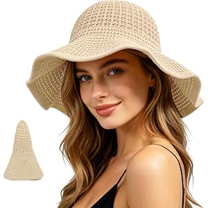 Sun Hats for Women Summer Straw Beach Hat UV Protection Floppy Wide Brim Travel Bucket Hat Foldable Packable