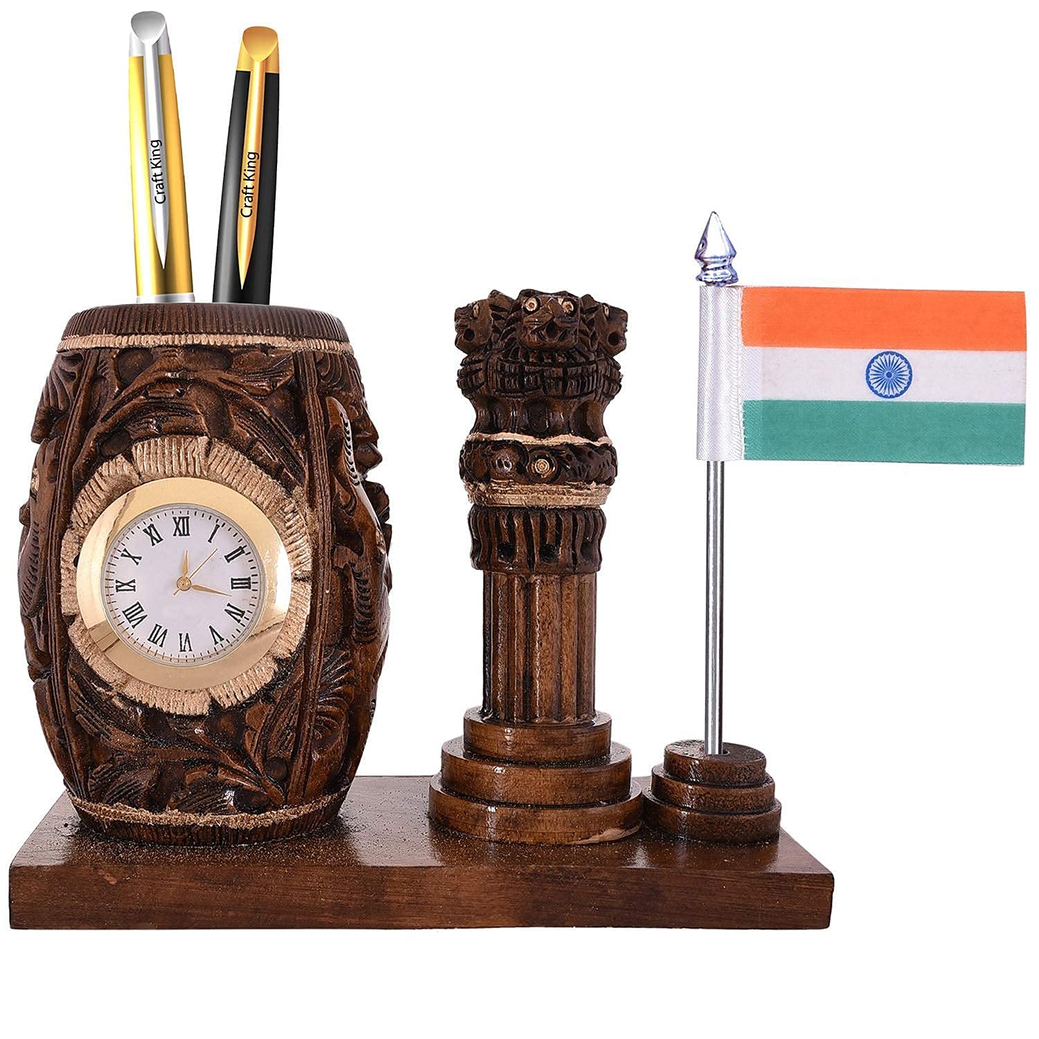 lovesutra Wooden Pen Stand Clock with Ashoka stambh and Flag I Pen